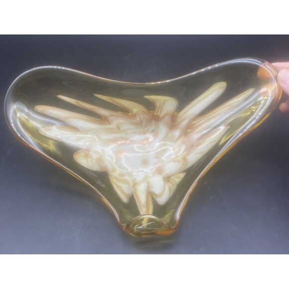 VTG Murano Amber W/ Gold & White Feather Glass Bowl W/ Folded Edge 12” - Picture 4 of 7